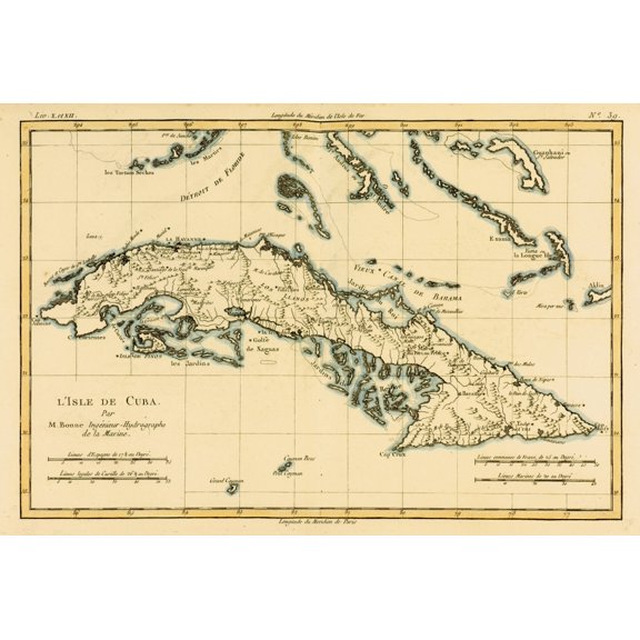 Map Of Cuba Circa 1760 From Atlas De Toutes Les Parties Connues Du Globe Terrestre ??? By Cartographer Rigobert Bonne Published Geneva Circa 1760 Canvas Art - Ken Welsh Design Pics (17 x 11)