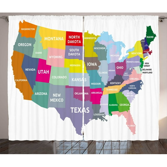 Ambesonne Map Curtains 2 Panel Set, USA Map Colorful States, 108" x 63", Multicolor