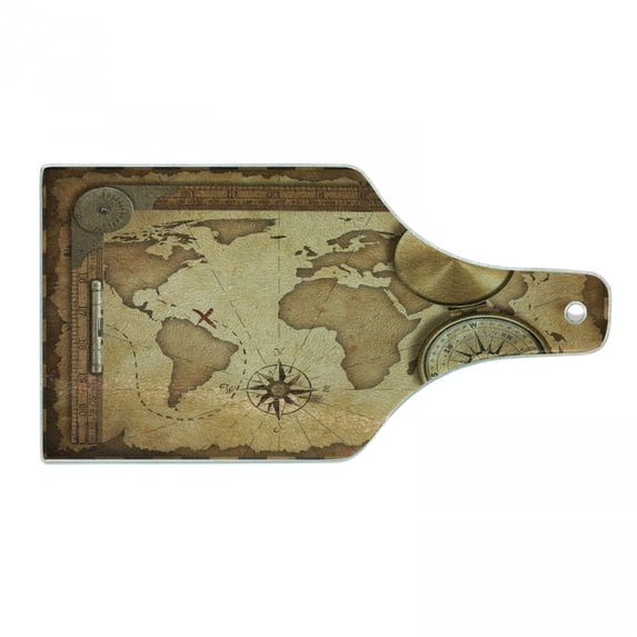 Map Cutting Board, Aged Vintage Treasure Map Ruler Rope Old Compass Antique Adventure Discovery, Decorative Tempered Glass Cutting and Serving Board, Wine Bottle Shape, Brown Pale Brown, by Ambesonne
