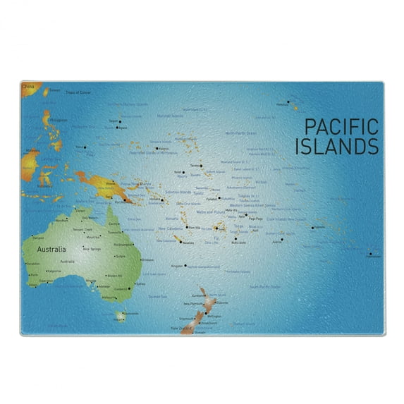 Map Cutting Board, Informational Design of Pacific Islands, Decorative Tempered Glass Cutting and Serving Board, in 3 Sizes, by Ambesonne