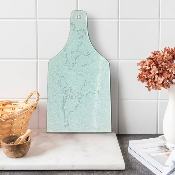 Map Cutting Board, Simplistic Design World Map Outline with Thin Black Line Drawing Abstract Continents, Tempered Glass Cutting and Serving Board, Wine Bottle Shape, Black White, by Ambesonne