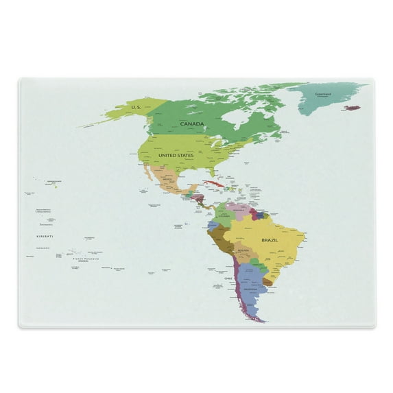 Map Cutting Board, Map of South and North America with Countries Capitals and Major Cities Colorful Design, Decorative Tempered Glass Cutting and Serving Board, Large Size, Multicolor, by Ambesonne