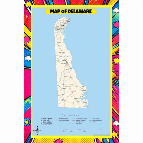 Map Of Delaware Style B - 20x30 Inch - Pop Art Edition Vibrant Perfect for Kids Classrooms and Homes Laminated Wall Poster - Vivid Imagery with Bright Colors
