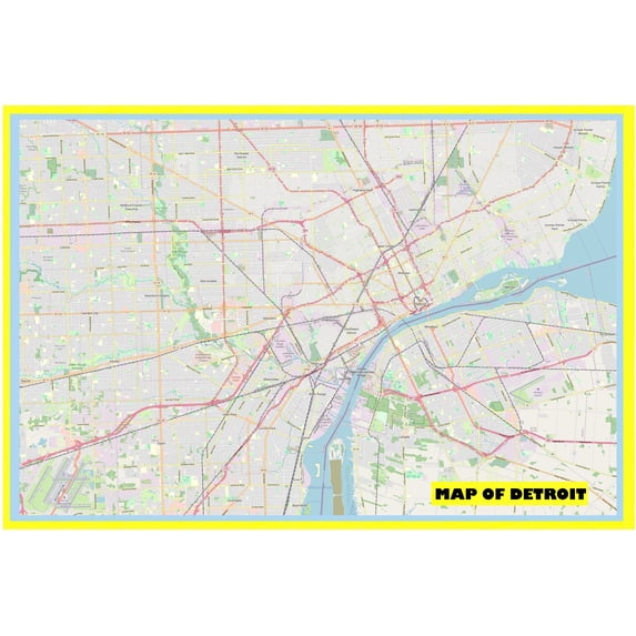 Map of Detroit 36x54 with Neighborhoods, Streets, Roads, Highways and Parks - Glossy Photo Paper Wall Map Poster Print - Vivid Imagery with Bright Colors