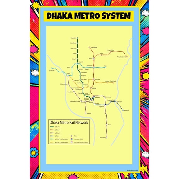 Map Of Dhaka Metro System 18x24 Inch - Pop Art Edition Vibrant Perfect for Kids Classrooms and Homes Laminated Wall Poster - Vivid Imagery with Bright Colors