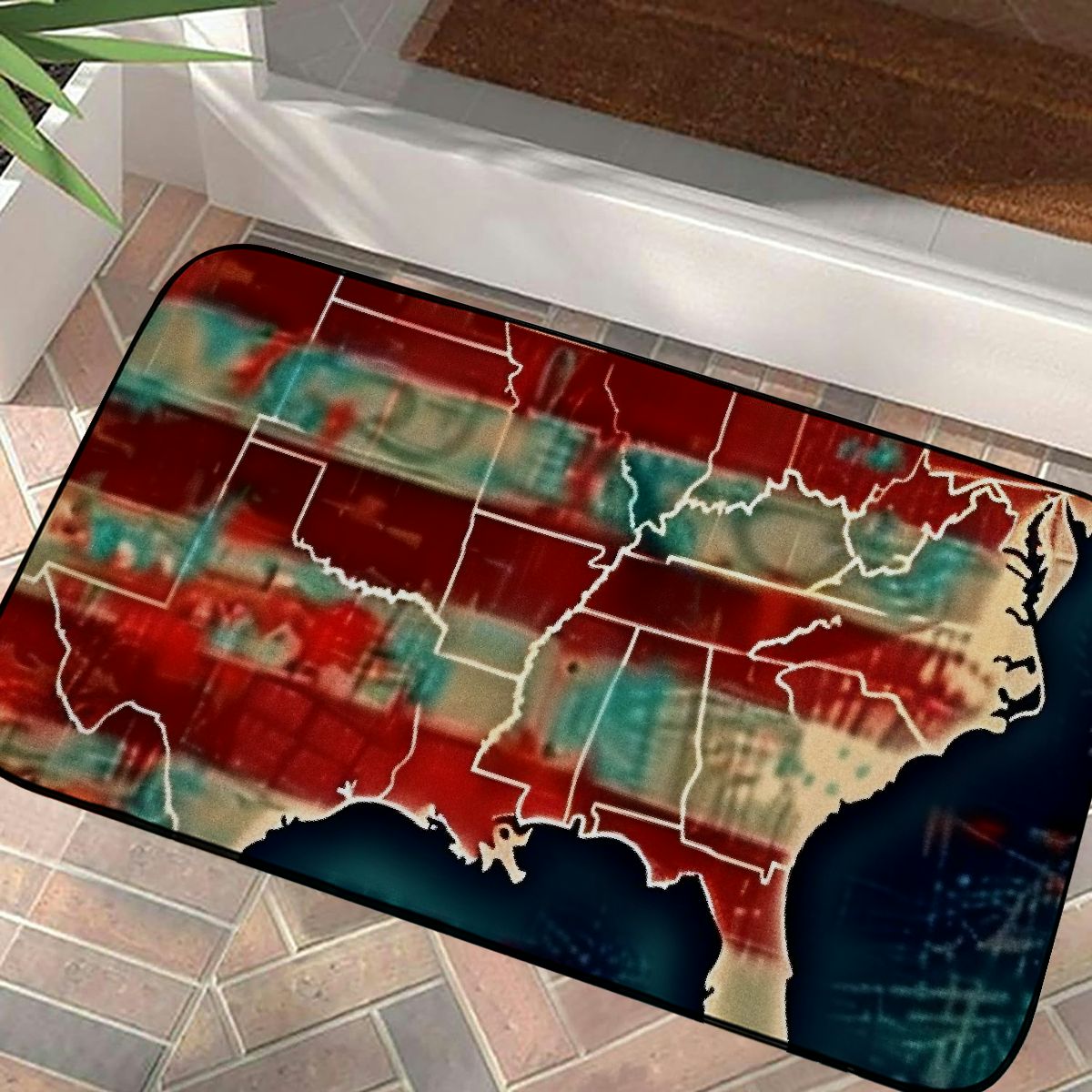 Map Door Mat Abstract Scenic Red Blue Rubber Non Slip Absorbent