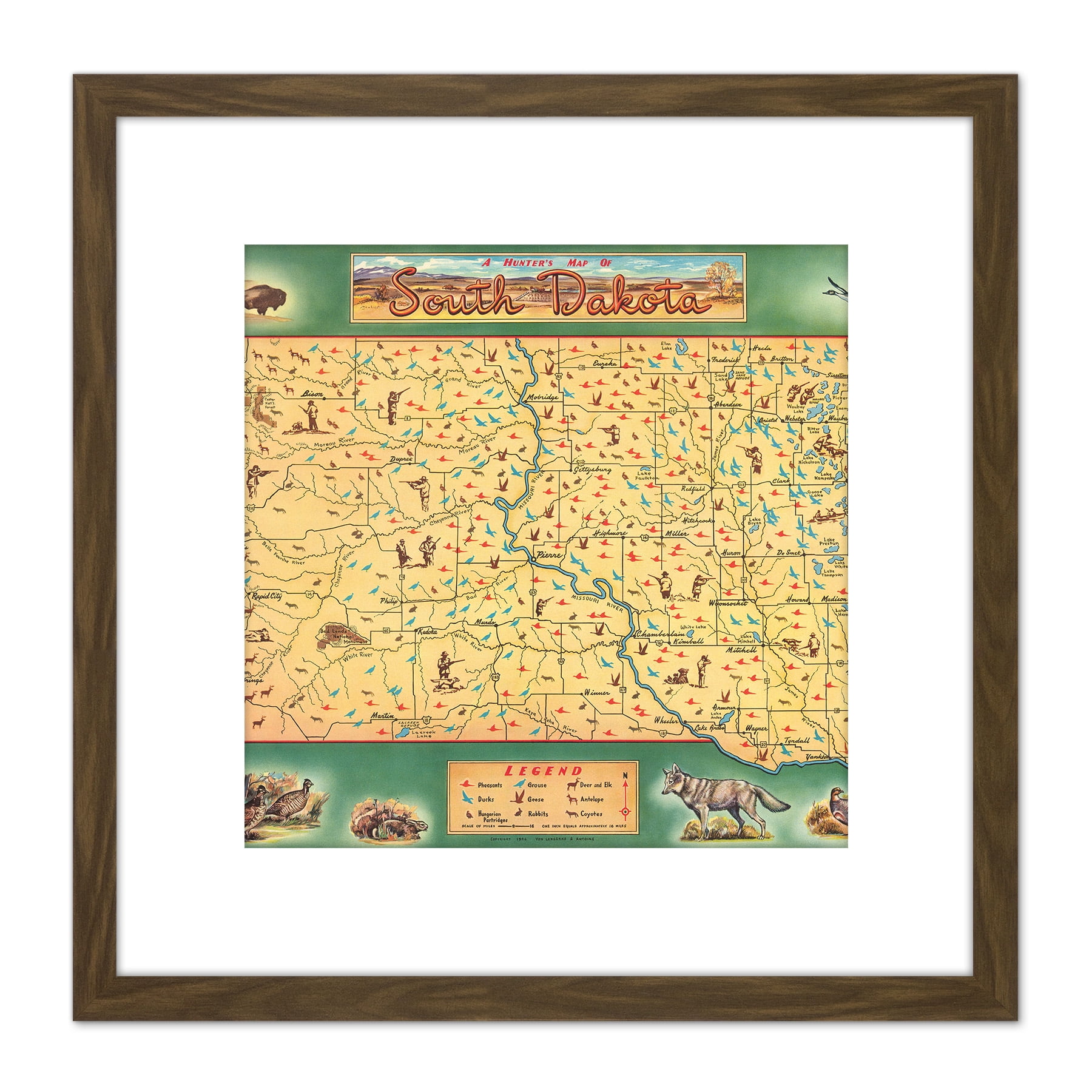Map Dunn 1946 South Dakota Hunting 8X8 Inch Square Wooden Framed Wall Art Print Picture with
