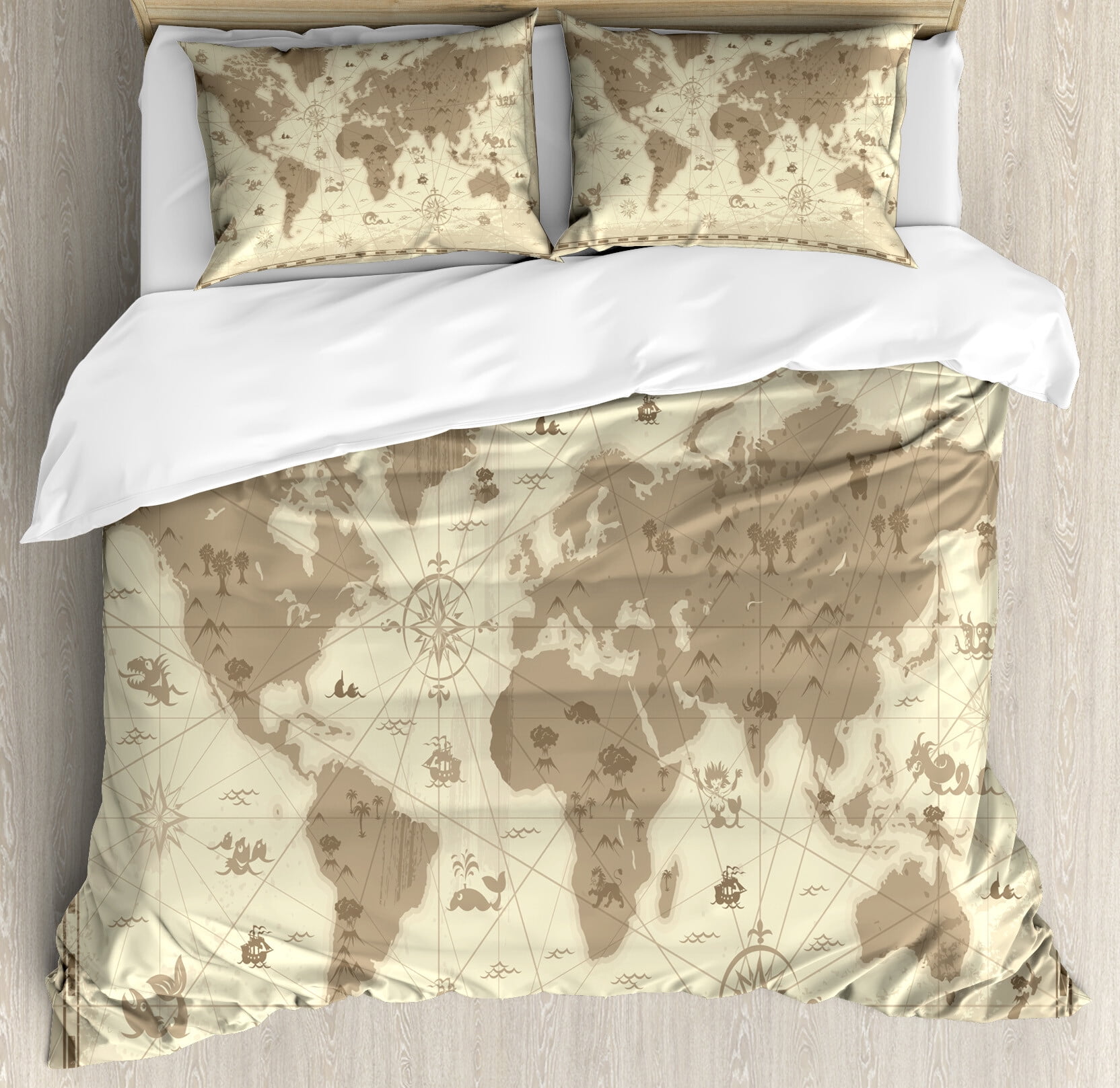 Map Duvet Cover Set, Aged Retro Styled Map of the World with Mountains ...