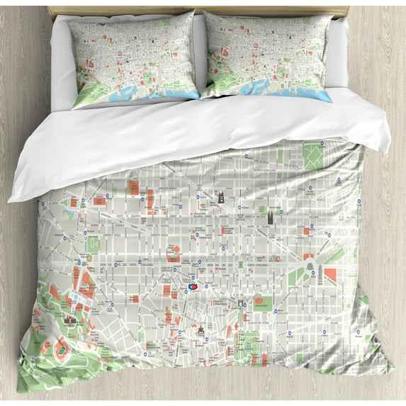 Map Duvet Cover Set, Map of Barcelona City Streets Parks Subdistricts Points of Interests, Decorative 3 Piece Bedding Set with 2 Pillow Shams, Queen Size, Lime Green Pale Blue, by Ambesonne
