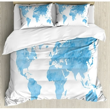 Map Duvet Cover Set, Blue Watercolor Style World Map Pastel Colored Display of Continents, Decorative 3 Piece Bedding Set with 2 Pillow Shams, King Size, Pale Blue White, by Ambesonne
