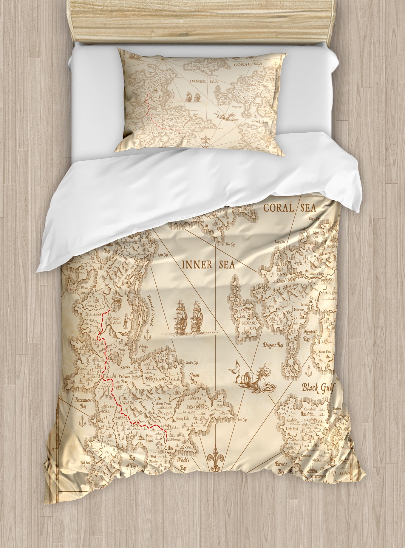 Sand Brown Twin Treasure Map Duvet Cover Set
