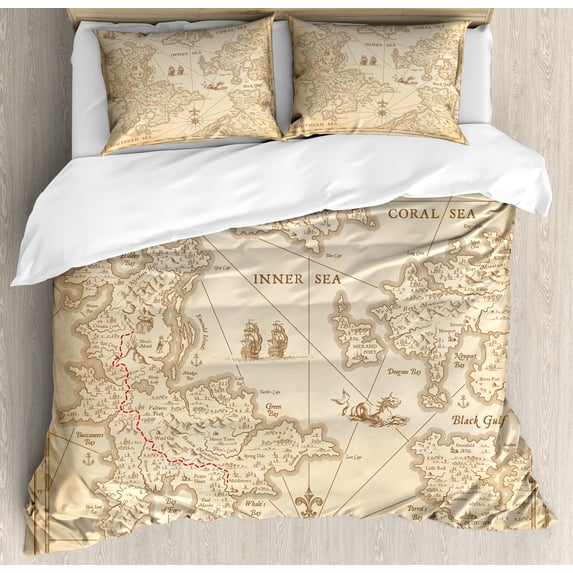 Map Duvet Cover Set, Highly Detailed Grunge Treasure Map Adventure Sailing Island Journey Travel, Decorative 3 Piece Bedding Set with 2 Pillow Shams, Queen Size, Sand Brown, by Ambesonne
