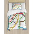 thumbnail image 1 of Map Duvet Cover Set, Stripes in Vibrant Colors Metro Scheme Subway Stations Abstract Railroad Transportation, Decorative 2 Piece Bedding Set with 1 Pillow Shams, Twin Size, Multicolor, by Ambesonne, 1 of 3
