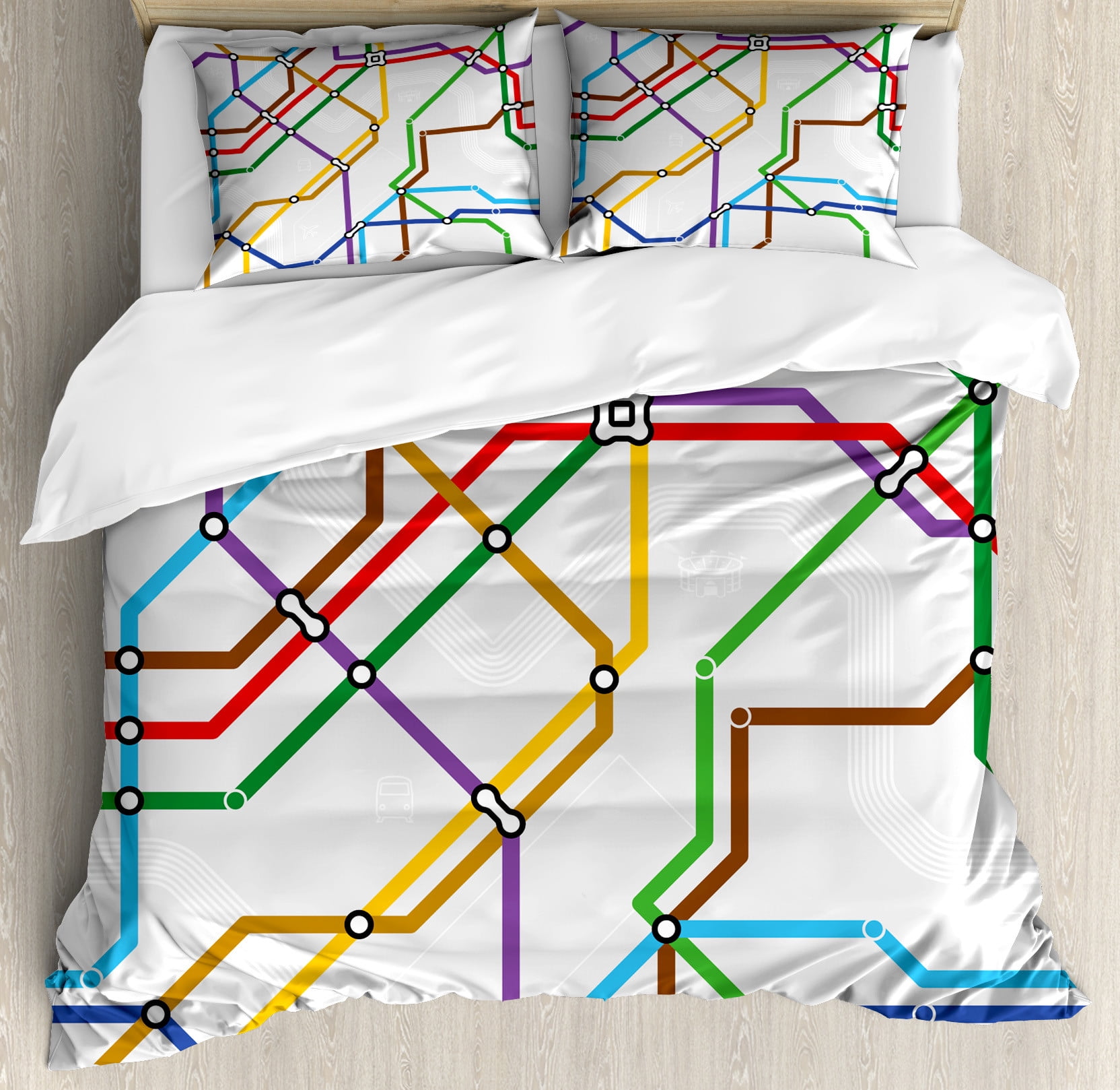 Map Duvet Cover Set, Stripes in Vibrant Colors Metro Scheme Subway
