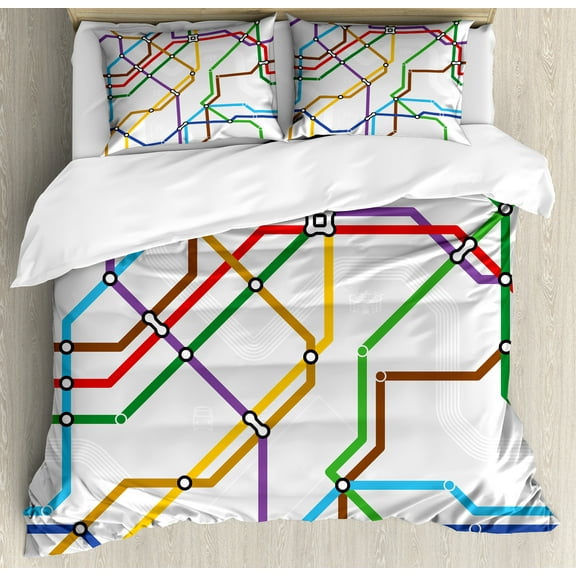 Map Duvet Cover Set, Stripes in Vibrant Colors Metro Scheme Subway Stations Abstract Railroad Transportation, Decorative 3 Piece Bedding Set with 2 Pillow Shams, Calking Size, Multicolor, by Ambesonne