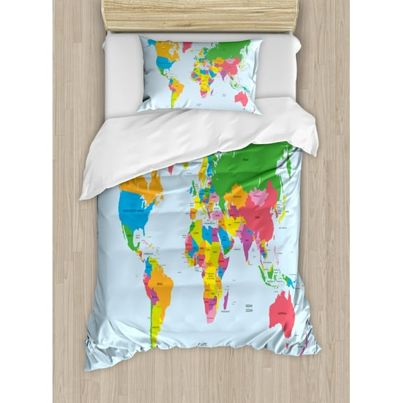 Map Duvet Cover Set Twin Size, Classical Colorful Map of World in Political Style Travel Europe America Asia Africa, Decorative 2 Piece Bedding Set with 1 Pillow Sham, Multicolor, by Ambesonne