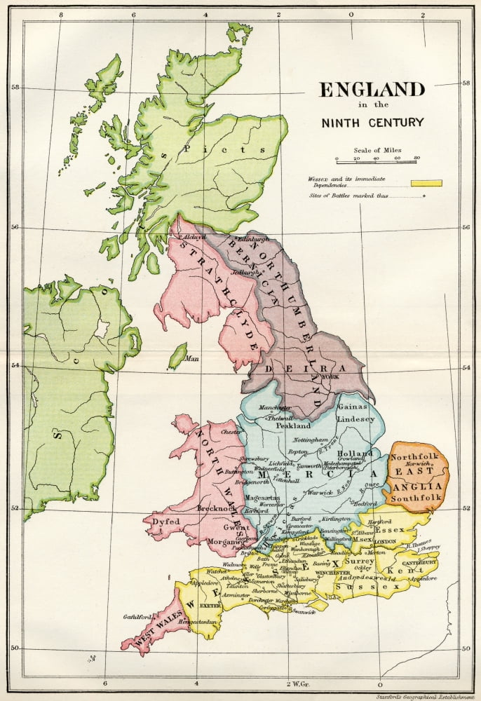 Map Of England In The Ninth Century From A Short History Of The English People By John Richard Green Published By Macmillan And Co 1911 Canvas Art - Ken Welsh Design Pics (24 x 34)