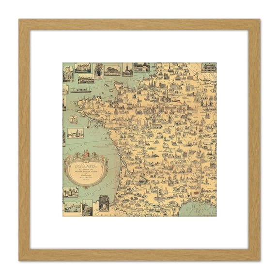Map Ernest Dudley Chase 1935 France Landmarks 8X8 Inch Square Wooden Framed Wall Art Print Picture with Mount