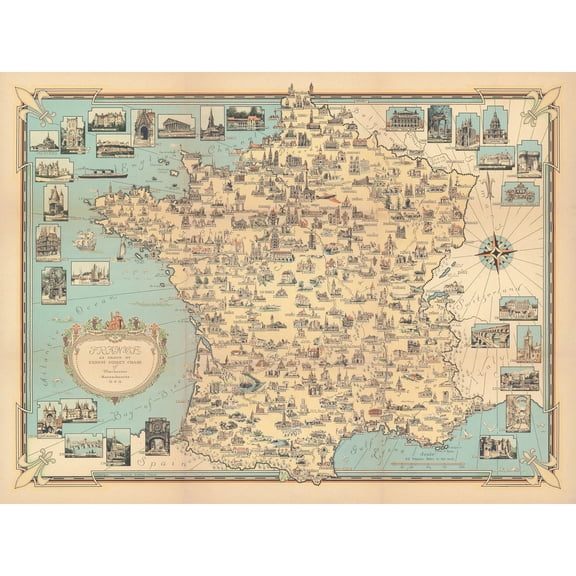 Map Ernest Dudley Chase 1935 France Landmarks Extra Large XL Wall Art Poster Print