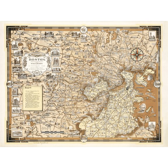Map Ernest Dudley Chase 1938 Boston Ma Pictorial Extra Large XL Wall Art Poster Print