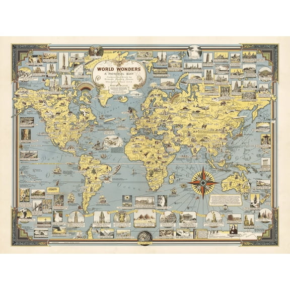 Map Ernest Dudley Chase 1939 World Wonders Pictorial Extra Large XL Wall Art Poster Print