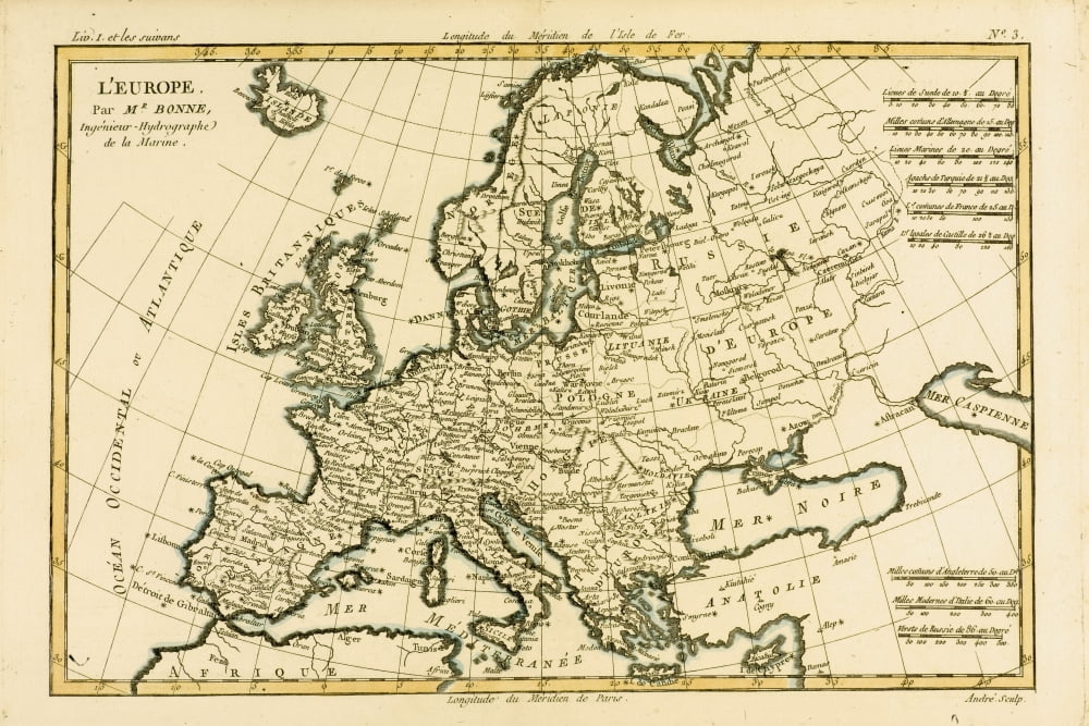 Map Of Europe Circa 1760 From Atlas De Toutes Les Parties Connues Du Globe Terrestre By Cartographer Rigobert Bonne Published Geneva Circa 1760 Canvas Art - Ken Welsh Design Pics (18 x 12)