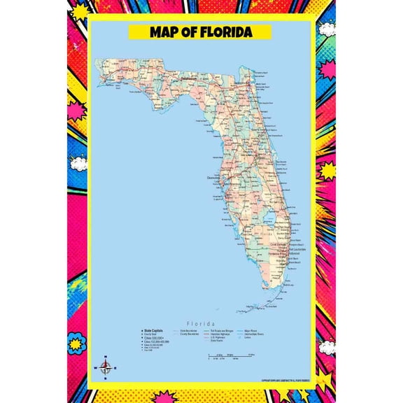 Map Of Florida Style A - 18x24 Inch - Pop Art Edition Vibrant Perfect for Kids Classrooms and Homes Laminated Wall Poster - Vivid Imagery with Bright Colors