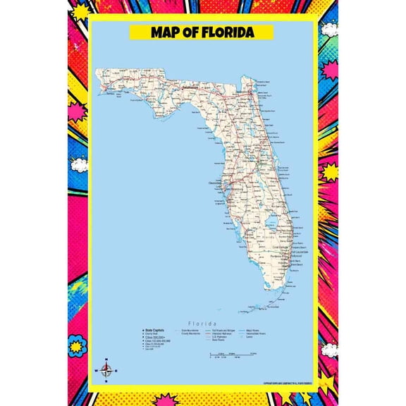 Map Of Florida Style B - 18x24 Inch - Pop Art Edition Vibrant Perfect for Kids Classrooms and Homes Laminated Wall Poster - Vivid Imagery with Bright Colors