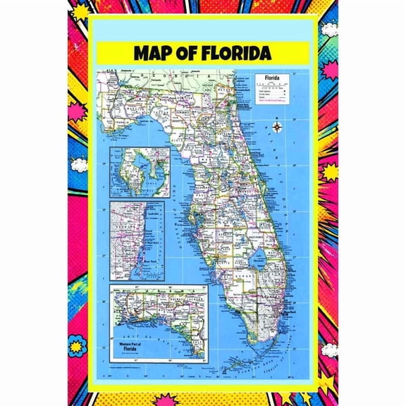 Map Of Florida Style B - 18x24 Inch - Pop Art Edition Vibrant Perfect for Kids Classrooms and Homes Laminated Wall Poster - Vivid Imagery with Bright Colors