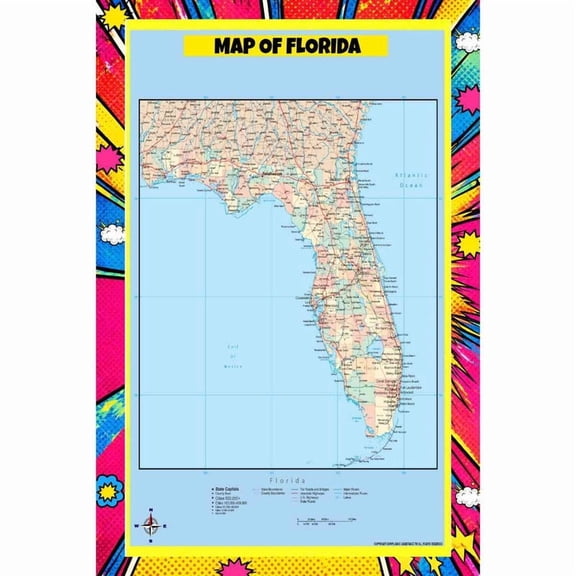 Map Of Florida Style C - 18x24 Inch - Pop Art Edition Vibrant Perfect for Kids Classrooms and Homes Laminated Wall Poster - Vivid Imagery with Bright Colors