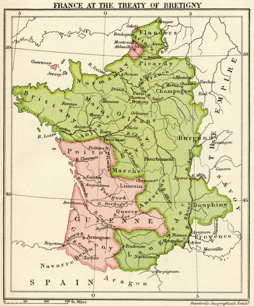 Map Of France At The Treaty Of Bretigny From A Short History Of The English People By John Richard Green Published By Macmillan And Co 1911 Canvas Art - Ken Welsh Design Pics (26 x 32)
