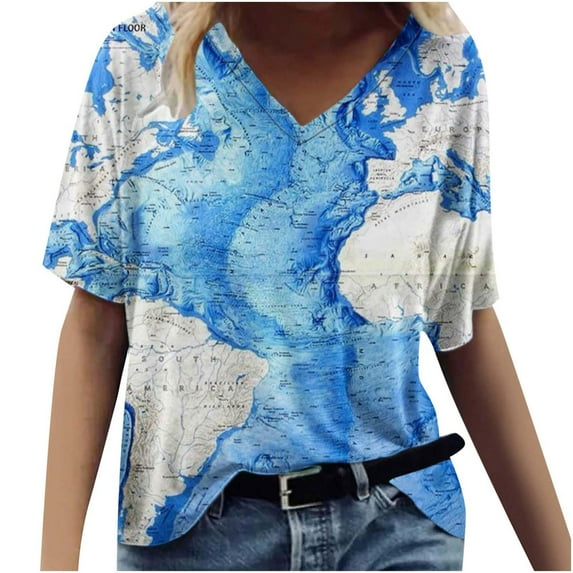 Map Graphic Shirts for Women 2024 Summer Casual V Neck Tshirts Loose Short Sleeve Lightweight Soft Tops Tee for Jeans