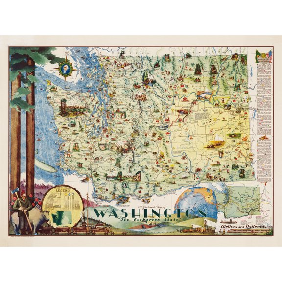 Map Herman 1948 Washington State Pictorial Extra Large XL Wall Art Poster Print