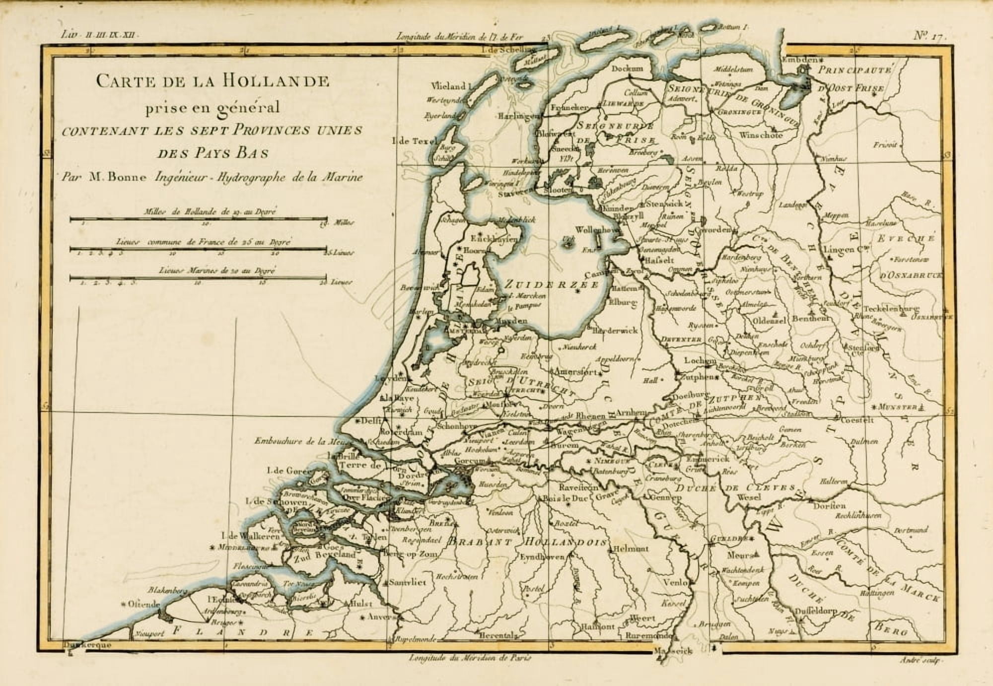 Map Of Holland Circa1760 From Atlas De Toutes Les Parties Connues Du Globe Terrestre ??? By Cartographer Rigobert Bonne Published Geneva Circa 1760 Canvas Art - Ken Welsh Design Pics (17 x 12)