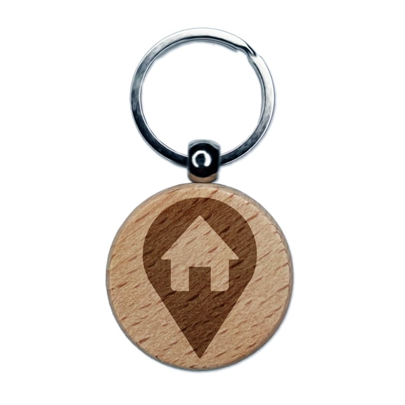 Map Home Location Marker Symbol Round Keychain Charm Tag - Engraved Wood