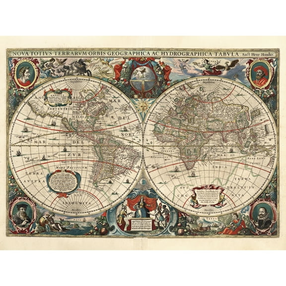 Map Hondius 1641 World Hemispheres Pictorial Extra Large XL Wall Art Poster Print