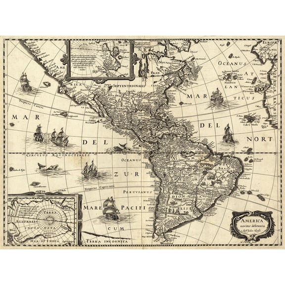 Map Hondius 17th Century America Continents Extra Large XL Wall Art Poster Print
