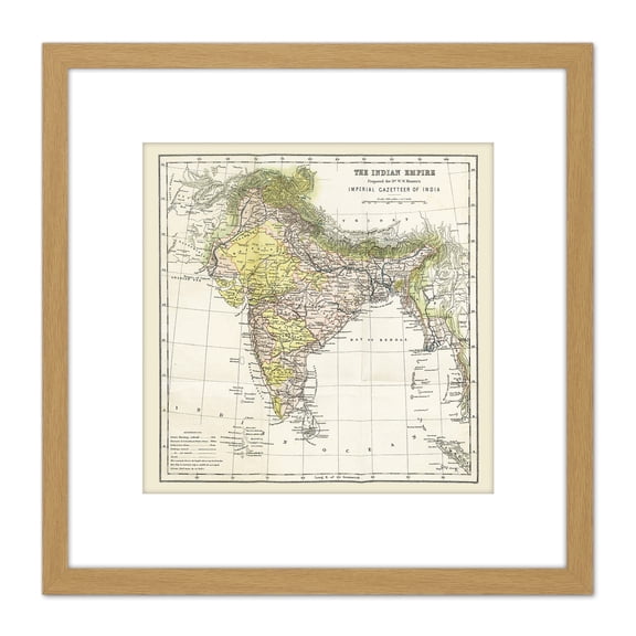 Map Hunter Imperial Gazetteer India Empire 8X8 Inch Square Wooden Framed Wall Art Print Picture with Mount