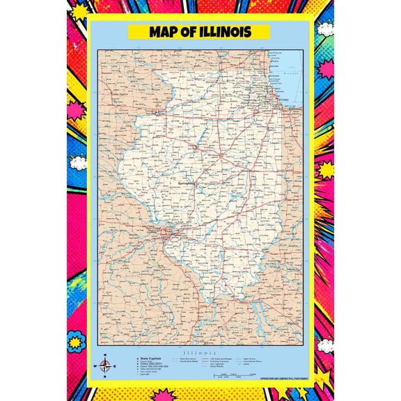 Map Of Illinois Style D - 18x24 Inch - Pop Art Edition Vibrant Perfect for Kids Classrooms and Homes Laminated Wall Poster - Vivid Imagery with Bright Colors