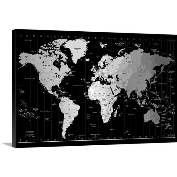 Great Big Canvas "World Timezone map" by Michael Tompsett Silver Black and White Wrapped Canvas Print Wall Artwork