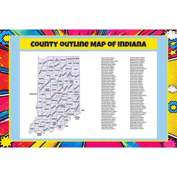 Map Of Indiana County Outline 20x30 Inch - Pop Art Edition Vibrant Perfect for Kids Classrooms and Homes Laminated Wall Poster - Vivid Imagery with Bright Colors