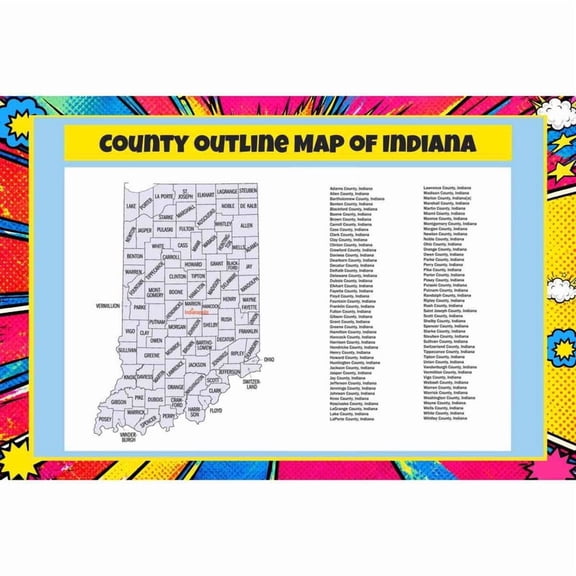 Map Of Indiana County Outline 36x60 Inch - Pop Art Edition Vibrant Perfect for Kids Classrooms and Homes Laminated Wall Poster - Vivid Imagery with Bright Colors
