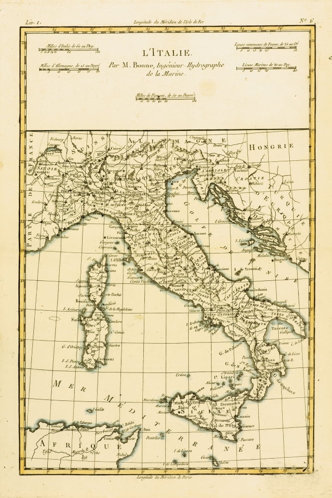 Map Of Italy Circa1760 From Atlas De Toutes Les Parties Connues Du Globe Terrestre - By Cartographer Rigobert Bonne Published Geneva Circa 1760 Canvas Art - Ken Welsh Design Pics (12 x 18)