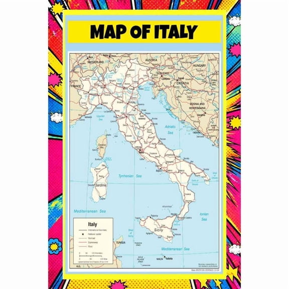 Map Of Italy VersionStyle B - 36x54 Inch - Pop Art Edition Vibrant Perfect for Kids Classrooms and Homes Laminated Wall Poster - Vivid Imagery with Bright Colors
