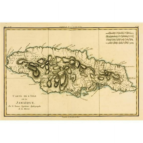 Map of Jamaica Circa.1760 From -Atlas De Toutes Les Parties Connues Du Globe Terrestre by Cartographer Rigobert Bonne Published Geneva Circa 1760 Poster Print, 17 x 12