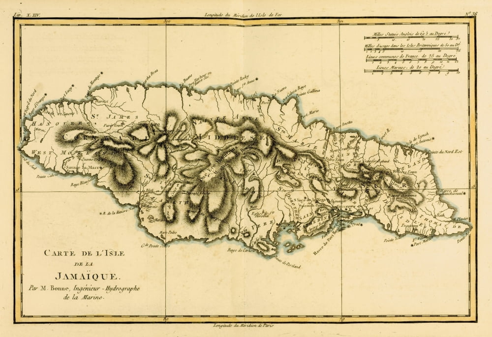 Map Of Jamaica Circa1760 From Atlas De Toutes Les Parties Connues Du Globe Terrestre  By Cartographer Rigobert Bonne Published Geneva Circa 1760 Canvas Art - Ken Welsh  Design Pics (34 x 24)