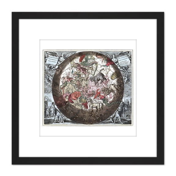 Map Keller 1708 Hemisphere Star Constellations World 8X8 Inch Square Wooden Framed Wall Art Print Picture with Mount