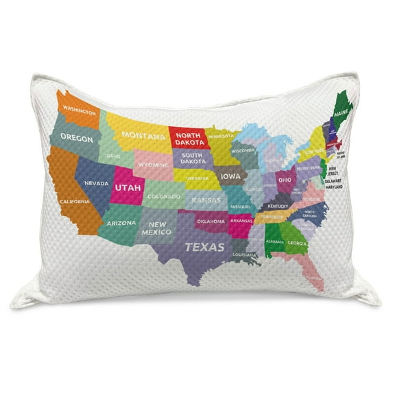 Map Knitted Quilt Pillowcover, USA Map with Name of States in Colorful Design America Geography Cartography Theme, Standard King Size Pillow Cover for Bedroom, 30" x 20", Multicolor, by Ambesonne