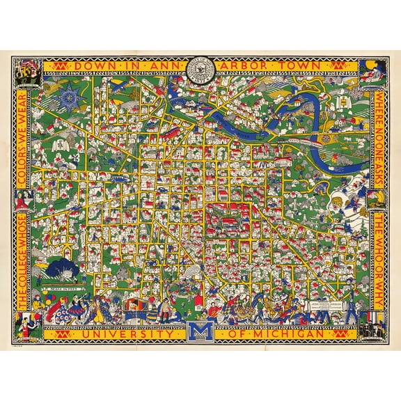 Map Koessler 1926 University Michigan Pictorial Extra Large XL Wall Art Poster Print