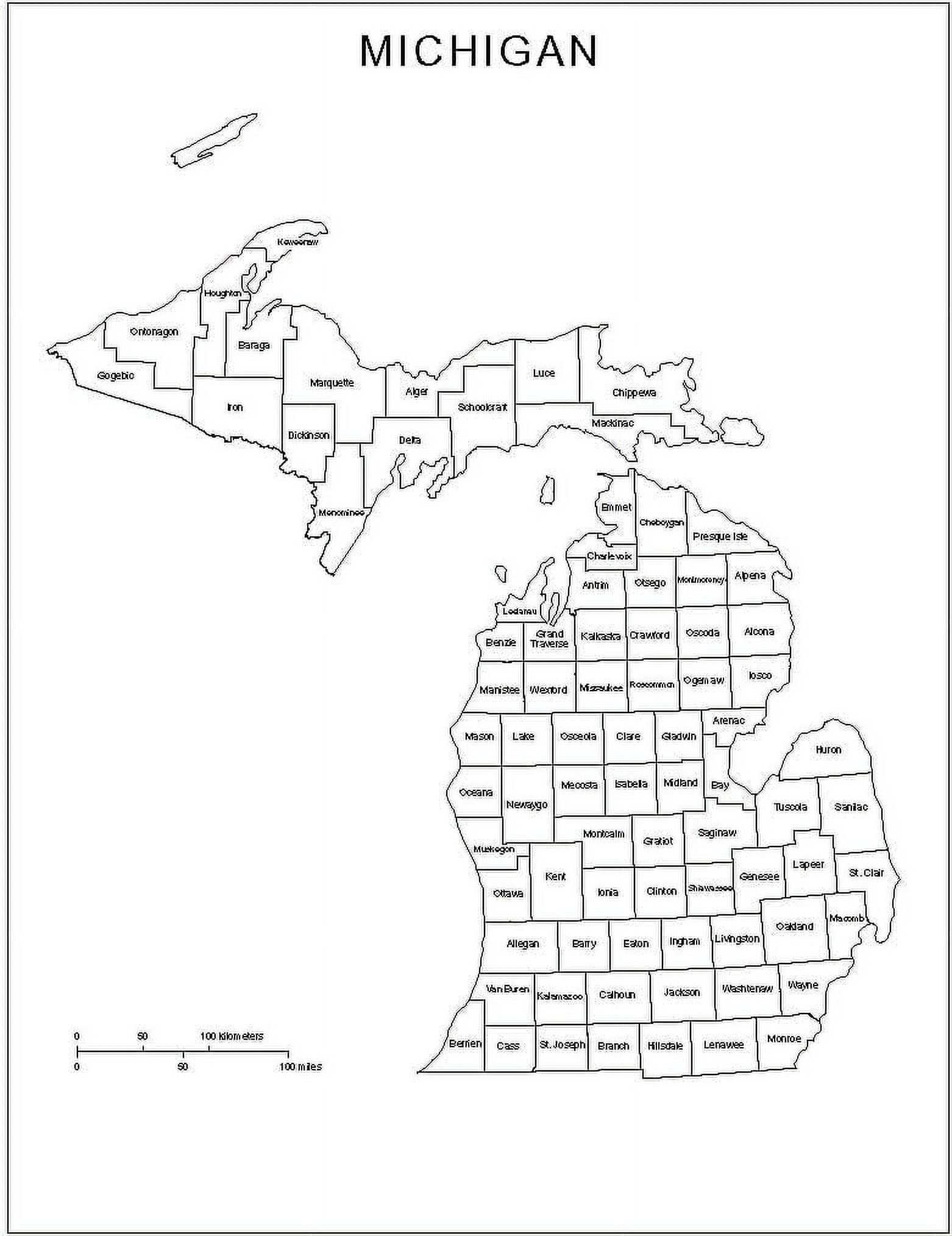 Map - Labeled County Map Of Michigan Imagery Laminated Print-20 Inch By ...